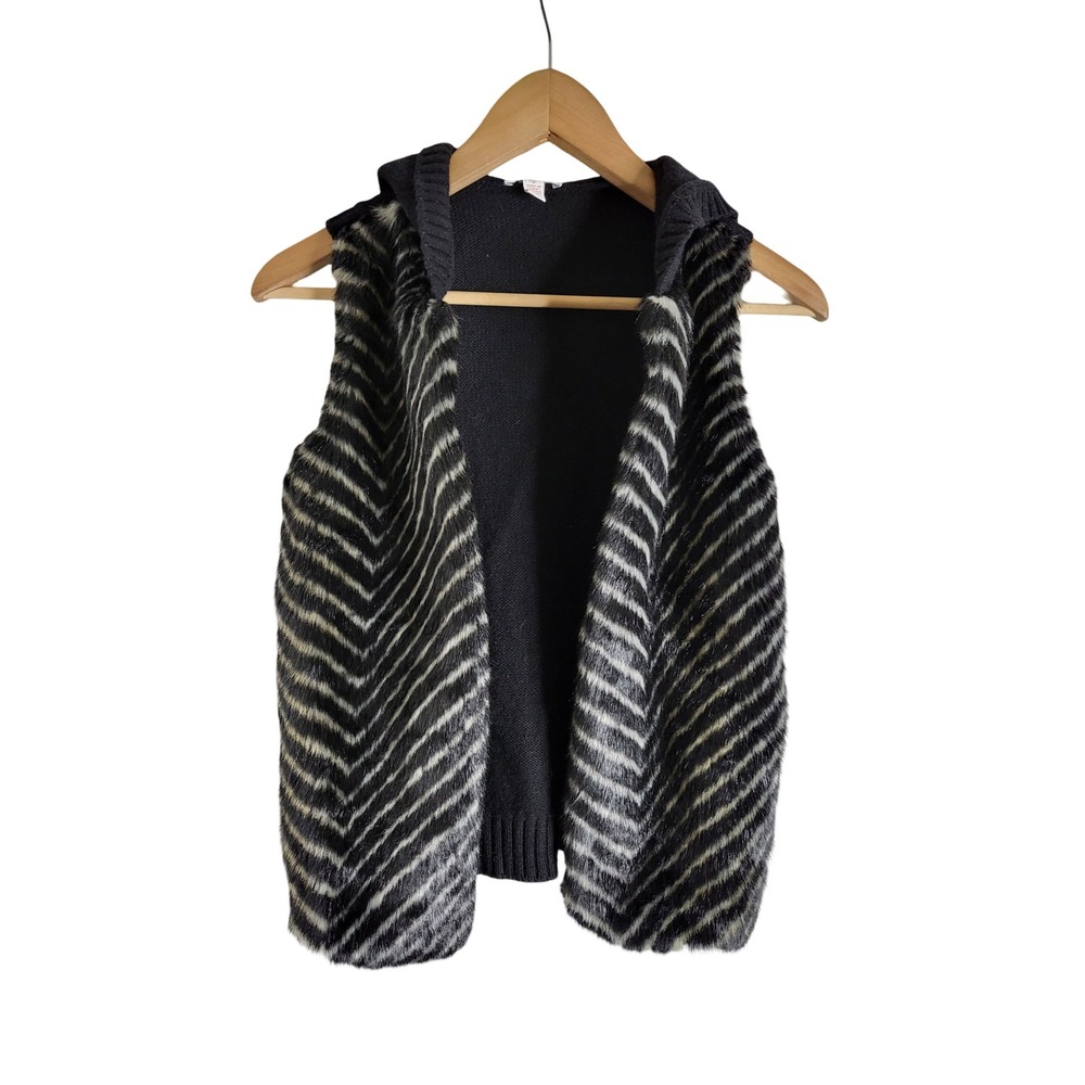 Ella Moss Girls Size 12 Faux Fur Hooded Vest Zebra Chevron Knit Back Black Gray